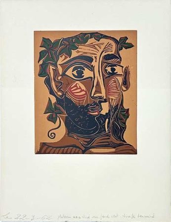 Linograbado Picasso - Homme barbu couronné de vignes