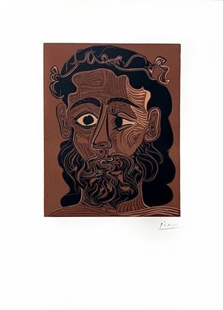 Linograbado Picasso - Homme barbu couronné de vignes