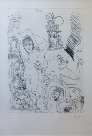 Aguafuerte Picasso - Homme barbu songeant à une scène des Mille et une nuits, avec derrière lui des ancêtres réprobateurs
