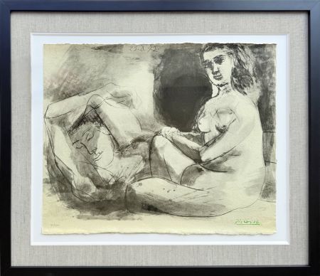Litografía Picasso - Homme couché et femme assise
