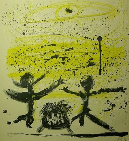 Litografía Baj - Il cielo era giallo e due personaggi danzavano col loro cane