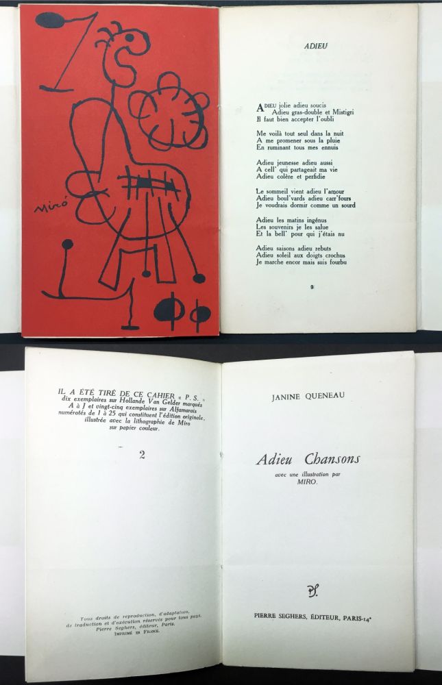 Libro Ilustrado Miró - Janine Queneau : ADIEU CHANSONS. Avec une illustration par Miro (1951).