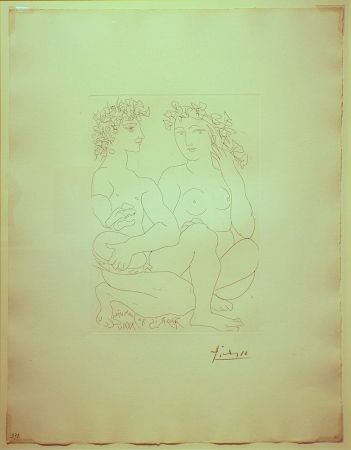 Grabado Picasso - Jeune Couple,Accroupi,l'Homme avec un tambourin