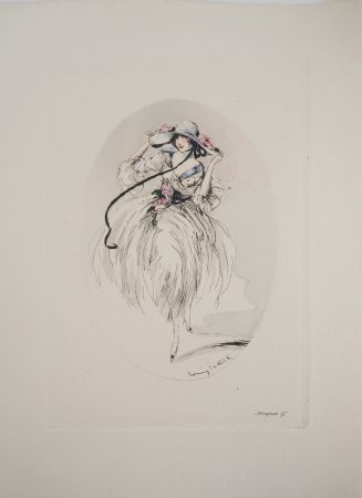Grabado Icart - Jeune femme au chapeau paré de roses