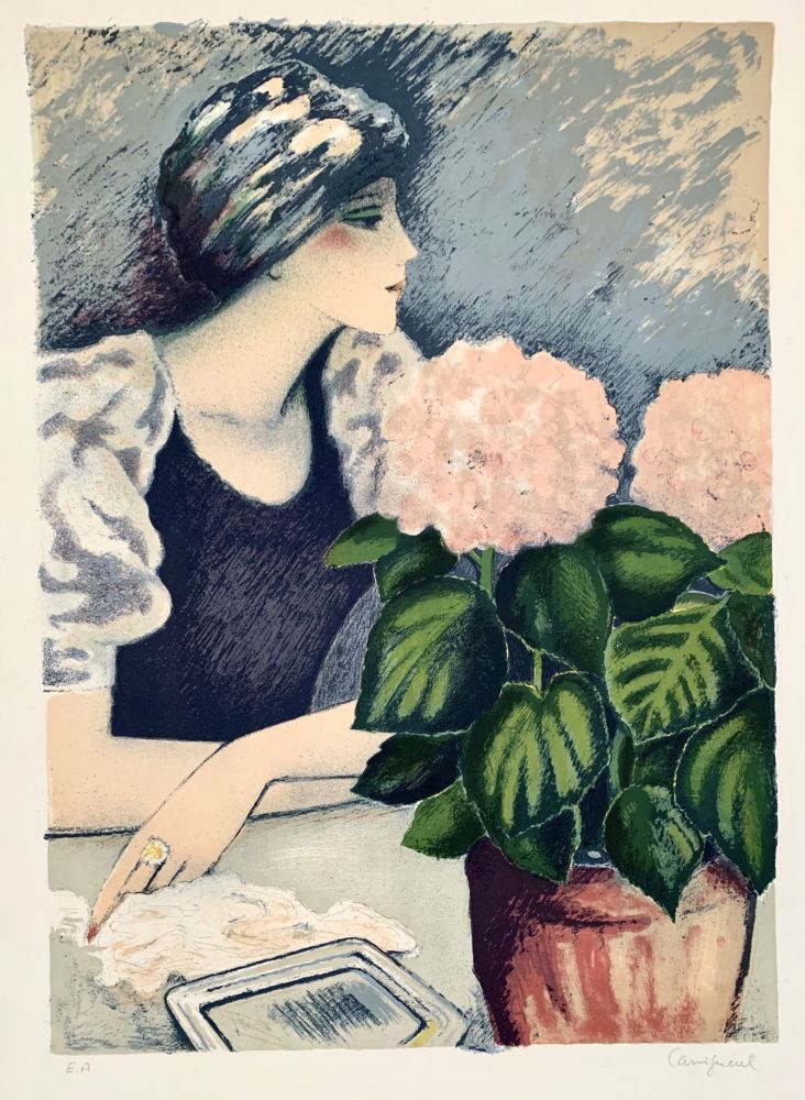 Litografía Cassigneul  - Jeune Femme au Hortensia