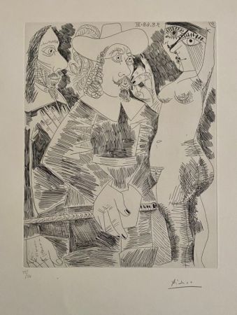 Aguafuerte Picasso - Jeune femme tirant la moustache d'un gentilhomme en train de tortiller son jonc 