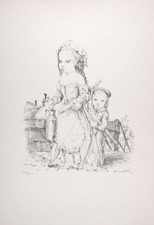 Litografía Foujita - Jeune fille et l'Enfant à la baguette et au pot, 1954 - Hand-signed