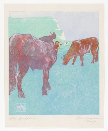Grabado En Madera Neumann - Jungbullen auf der Weide (Young bulls in the pasture)