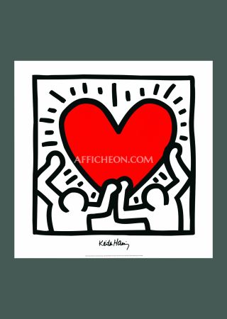 Litografía Haring - Keith Haring: 'Untitled (Figures with Red Heart)' 1988 Offset-lithograph