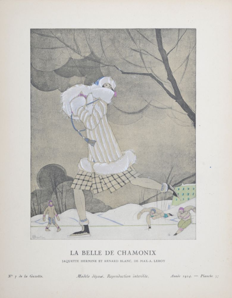 Litografía Martin - La Belle de Chamonix, Jaquette hermine et renard blanc de Max-A. Leroy, 1924