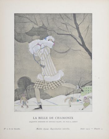 Litografía Martin - La Belle de Chamonix, Jaquette hermine et renard blanc de Max-A. Leroy, 1924