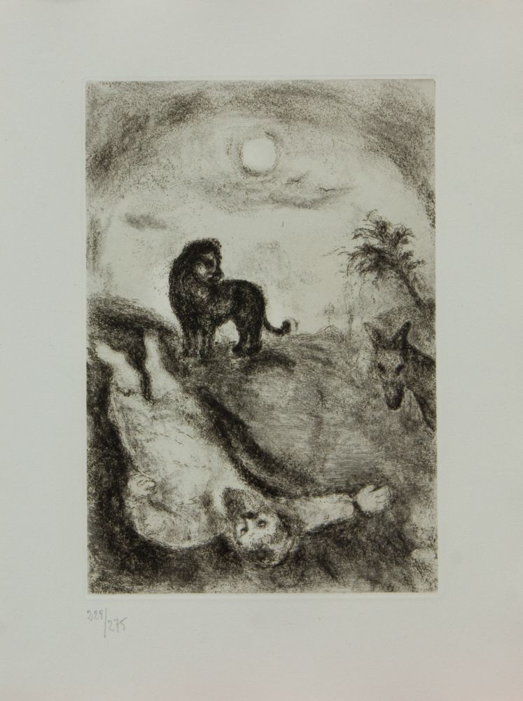 Grabado Chagall - LA BIBLE ( PROPHETE TUE PAR UN LION )