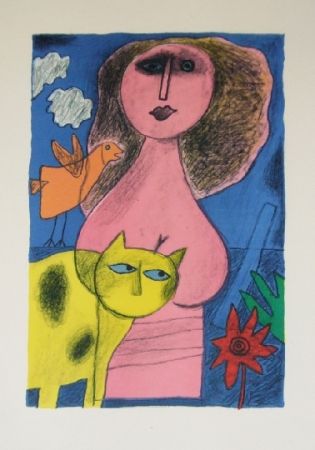 Litografía Corneille - La femme au chat jaune