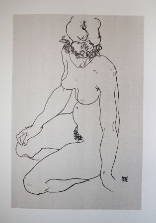 Litografía Schiele - LA  FILLE A GENOUX / THE GIRL ON THE KNEES (Edith Harms) - Lithographie / Lithograph - 1913