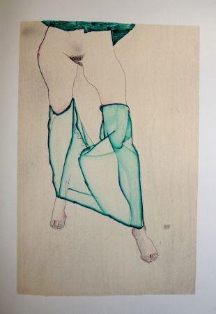Litografía Schiele - LA FILLE AUX BAS VERTS / THE GIRL IN THE LOW GREEN - Lithographie / Lithograph - 1913