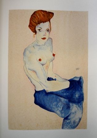 Litografía Schiele - LA FILLE EN ROBE BLEUE / THE GIRL IN THE BLUE DRESS - Lithographie / Lithograph - 1911