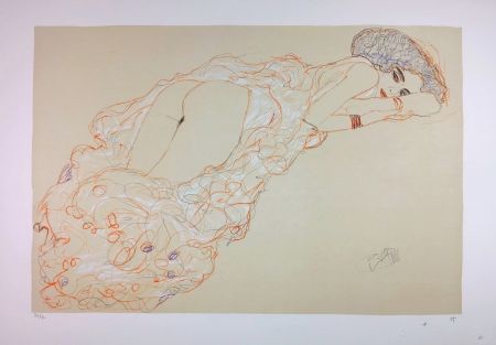 Litografía Klimt - La fille en robe longue / Reclining Nude Lying on Her Stomach and Facing Right / Auf dem Bauch liegender Halbakt nach rechts - 1910 