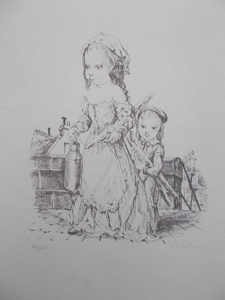 Litografía Foujita - La fille et l'enfant à la baguette de pain et au pot de lait