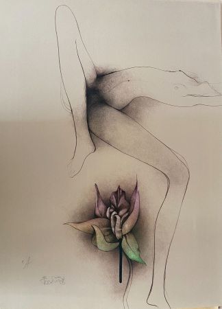 Litografía Bruni - La fleur du bien -Frauenakt mit Blüte