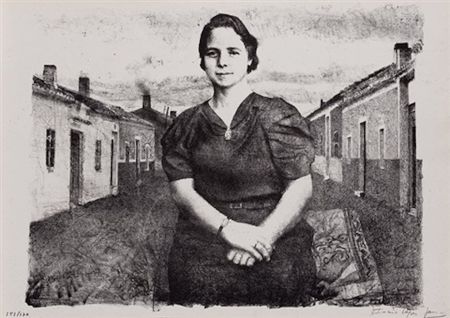 Litografía López Garcia - La madre del artista en Tomelloso