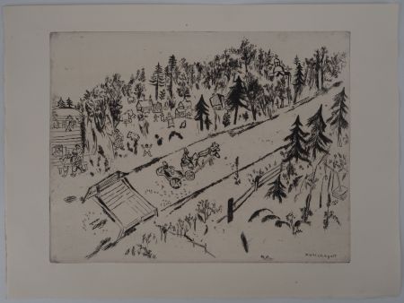 Grabado Chagall - La traversée du village (En chemin)