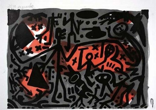 Litografía Penck - Lausanne 3 Kämpfer