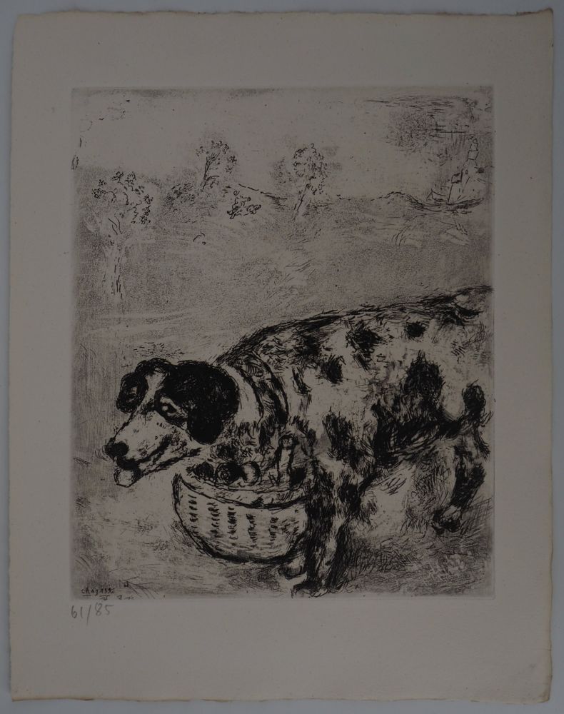 Grabado Chagall - Le chien au panier (Le chien qui porte à son cou le dîner de son maître)