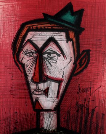 Litografía Buffet - Le clown au fond rouge, 1967.