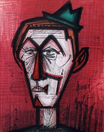 Litografía Buffet - Le Clown sur fond rouge, 1967