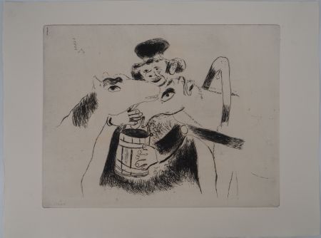 Grabado Chagall - Le cocher et ses chevaux (Le cocher donne à manger à ses chevaux)