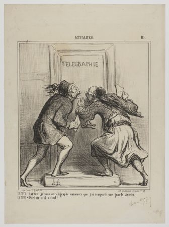 Litografía Daumier - LE GREC - Pardon, je vais au télégraphe annoncer que j'ai remporté une grande victoire. LE TURC - Pardon, moi aussi! 