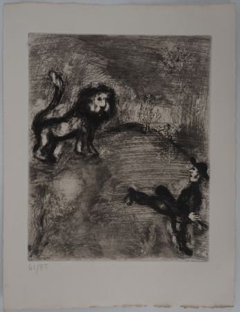 Grabado Chagall - Le lion et le chasseur