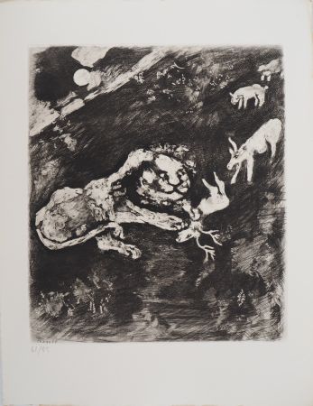 Grabado Chagall - Le lion fourbe (La Génisse, la Chèvre, et la Brebis, en société avec le Lion)