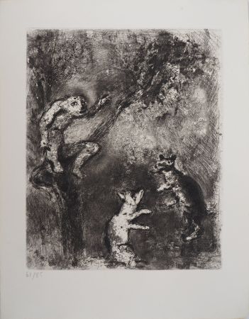 Grabado Chagall - Le loup, le renard et le singe (Le Loup plaidant contre le Renard devant le Singe)