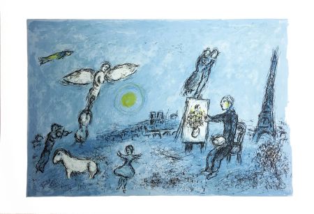 Litografía Chagall - LE PEINTRE ET SON DOUBLE (Épreuve à plat sur Arches). 1981.