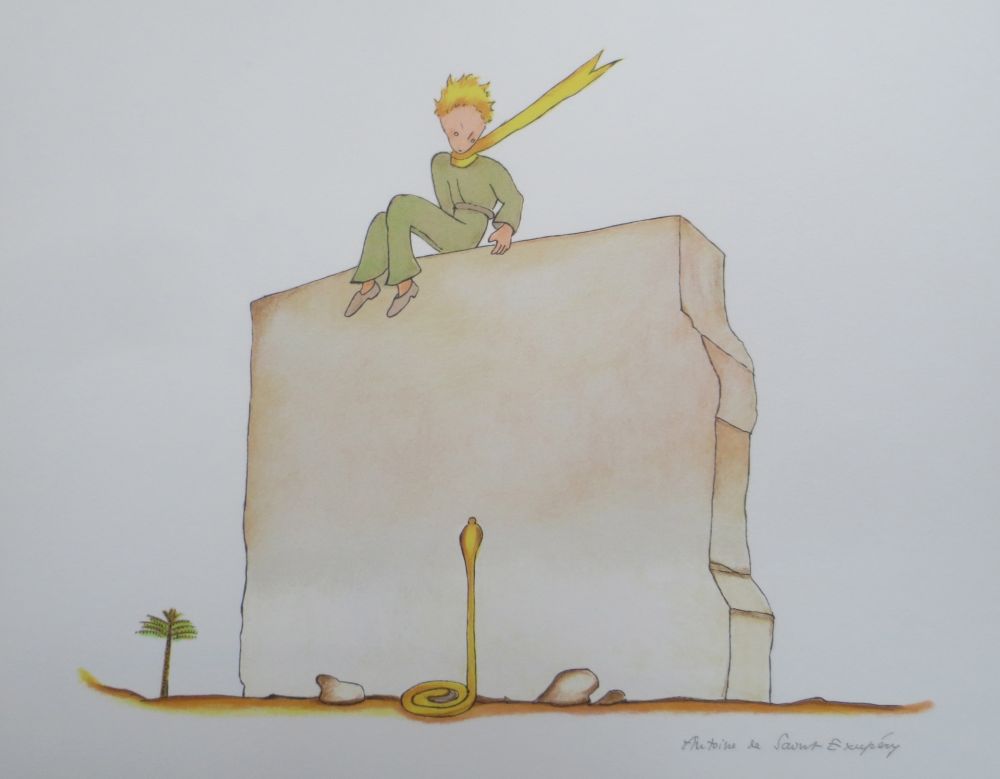 Litografía Saint-Exupéry - Le petit prince et le serpent au pied du mur