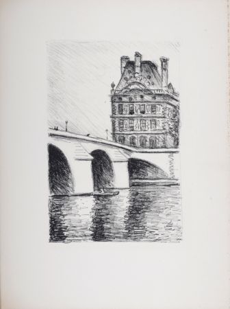 Litografía Marquet - Le Pont Royal et le Louvre, 1950