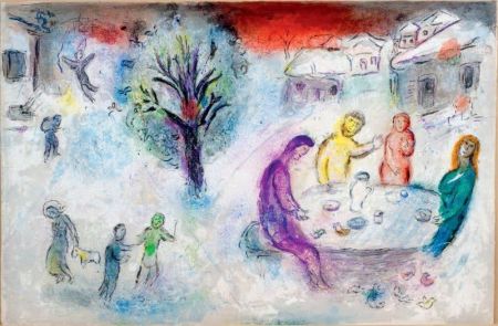 Litografía Chagall - LE REPAS CHEZ DRYAS (de la suite Daphnis & Chloé - 1961)