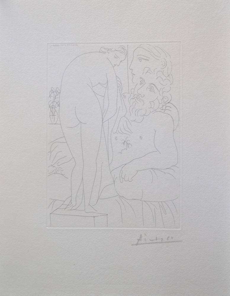 Grabado Picasso - Le repos du sculpteur devant un nu à la draperie, pl. 51 (B160 Vollard)