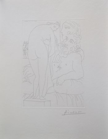 Grabado Picasso - Le repos du sculpteur devant un nu à la draperie, pl. 51 (B160 Vollard)