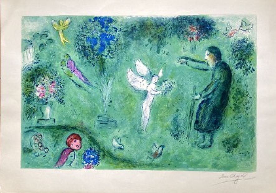Litografía Chagall - LE VERGER DE PHILETAS, signée à grandes marges (Daphnis et Chloé - 1961)
