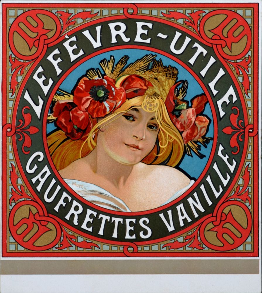 Litografía Mucha - Lefèvre-Utile, Gaufrettes vanille - Lithograph enhanced with golden ink (Very scarce!)