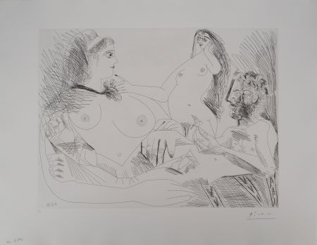 Grabado Picasso - Les 156, planche 144 : Belle jeune femme à sa toilette rêvant qu'elle possède un petit homme des bois émacié portant un oiseau