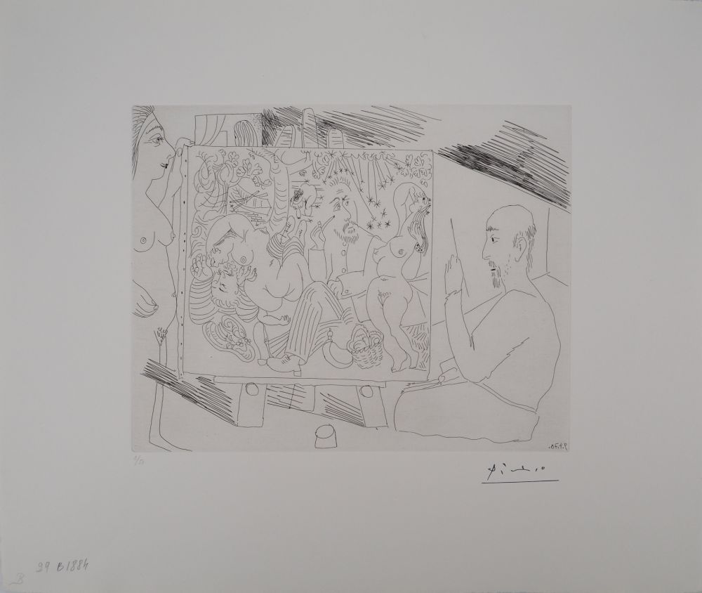 Grabado Picasso - Les 156, planche 29 : Peintre dans son atelier peignant « Le Déjeuner sur l’herbe », avec un modèle
