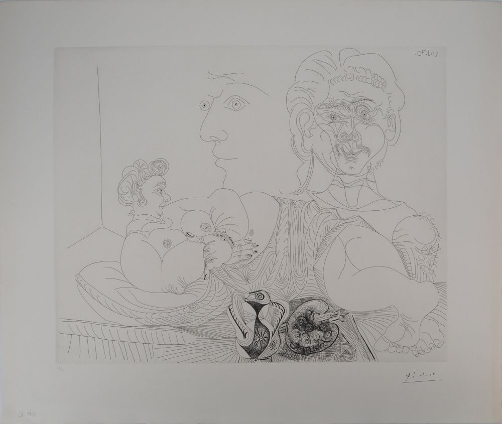 Grabado Picasso - Les 156, planche 4 : Vieux modèle pour jeune odalisque, le double regard du peintr