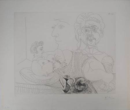 Grabado Picasso - Les 156, planche 4 : Vieux modèle pour jeune odalisque, le double regard du peintr