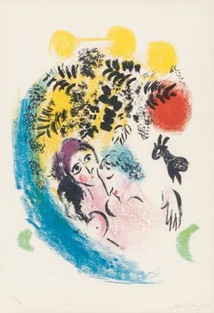 Litografía Chagall - Les amoureux au soleil rouge