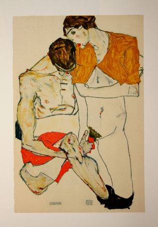 Litografía Schiele - LES AMOUREUX / LOVERS (Egon Schiele & Valerie Neuziel) - Lithographie / Lithograph - 1913