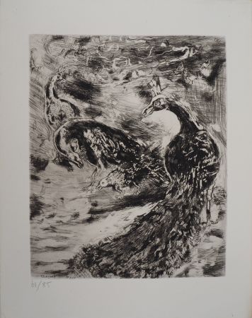 Grabado Chagall - Les paons (Le geai paré des plumes du paon)
