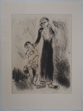 Grabado Chagall - Les réprimandes (Le père de Tchitchikov lui donne une correction)